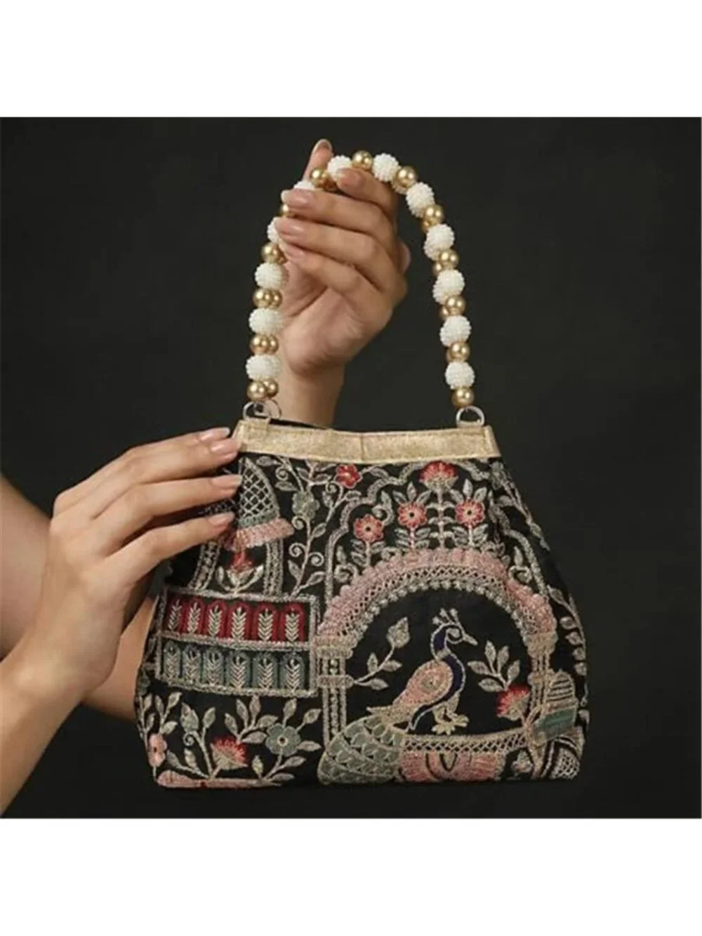 Vintage Peacock Floral Embroidered Potli Bag with Pearl Beaded Handle, Evening